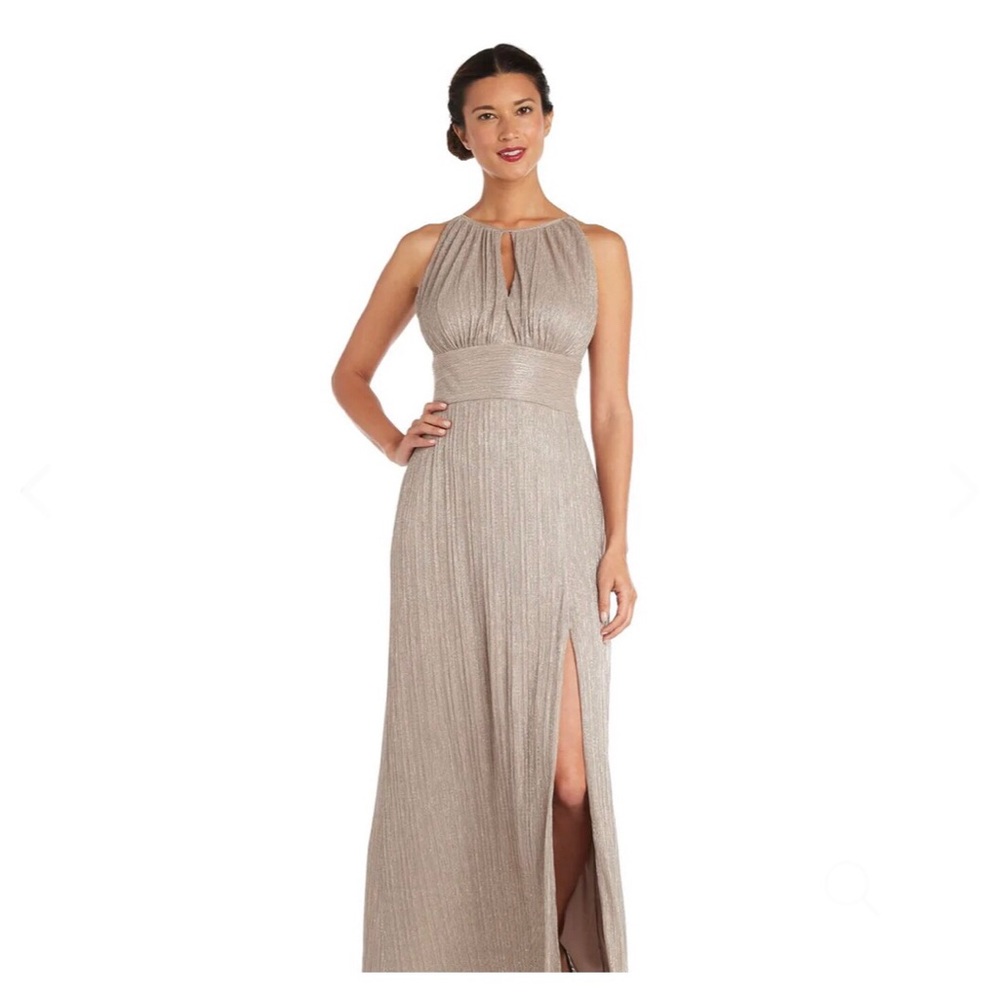 Petite Metallic Halter Neck Gown with Thigh Split